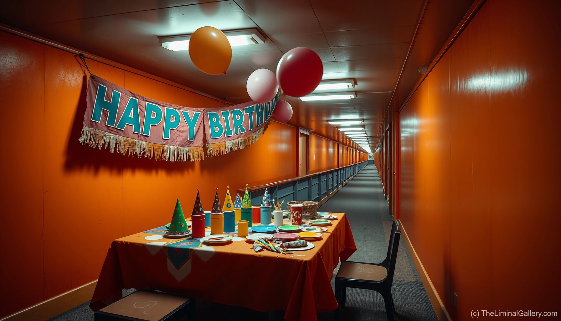 A hauntingly colorful party room in Level 26, The SS Fun =), evoking distorted celebration and surreal unease.